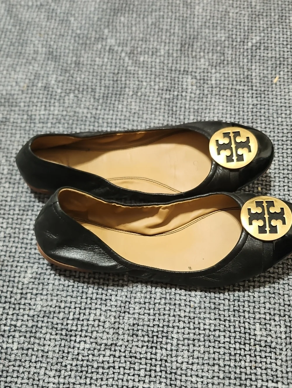 Tory Burch Black Leather Reva Ballet Flats with Gold Logo